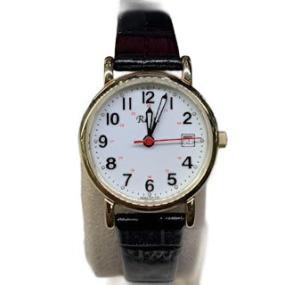 Rossi Ladies Gold Tone with White and Black Luminous Dial and hands Watch with Date and Black Reptile Embossed Strap