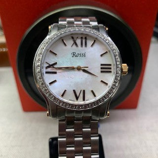 Rossi Ladies Stainless Steel Watch with Genuine Mother-of-Pearl Dial and Genuine White Topaz Bezel