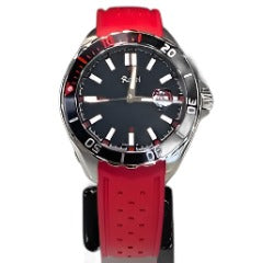 Rossi Men's Diver Bezel Stainless Steel and Red Strap Watch with Black and Red Dial with Date and Luminous Hands
