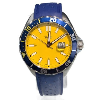 Load image into Gallery viewer, Rossi Men&amp;#39;s Luminous Yellow Dial Diver Bezel Stainless Steel Watch with Date and Blue Strap
