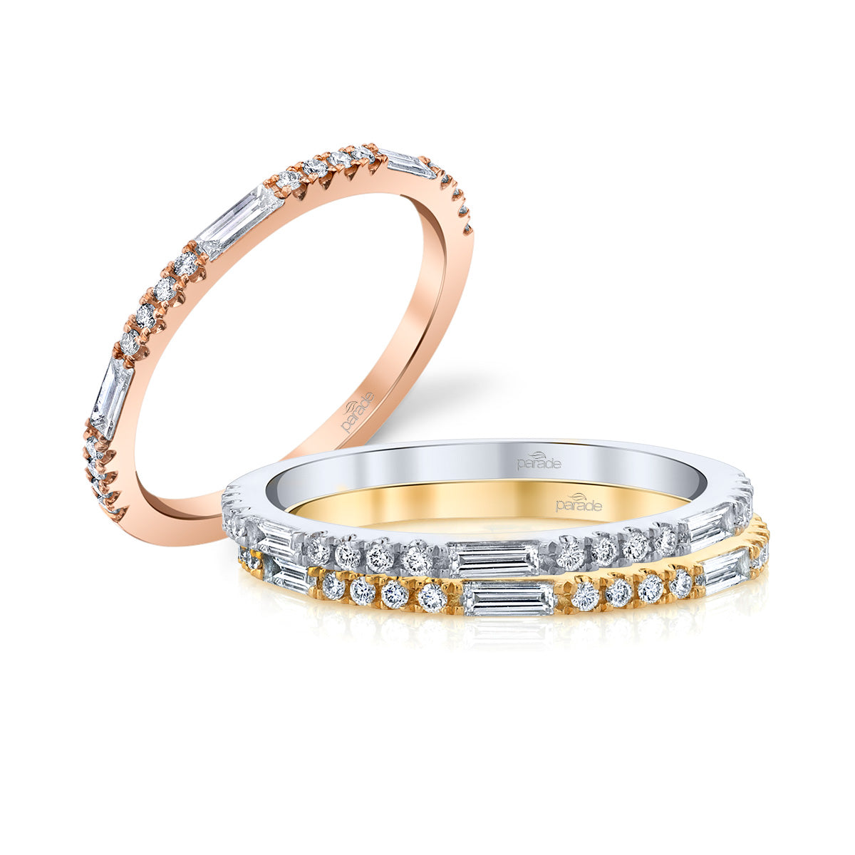 14k Rose or Yellow Gold Band with White and Baguette Diamonds