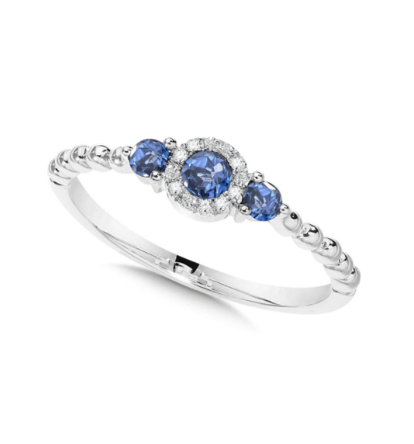 Load image into Gallery viewer, 3-Stone Diamond Halo Sapphire Ring in 14K White Gold
