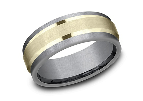 Load image into Gallery viewer, Benchmark 8mm Tantalum and 14k Gold Comfort Fit Wedding Band with Beveled Center and Straight Edges
