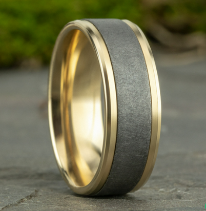 Benchmark 8mm 14k Gold and Tantalum Comfort Fit Wedding Band with Swirl Center and Polished Drop Bevel Edges