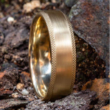 Load image into Gallery viewer, Benchmark 6.5mm 14k Gold Wedding Band with Satin Center and Knurled Edge
