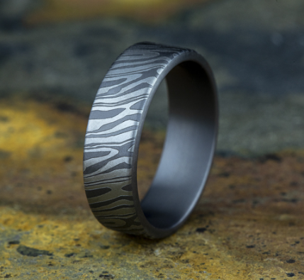 THE TIGER STRIPE - 7mm Flat Comfort Fit Tantalum Wedding Band with Unique TamascusDesign