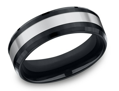 Benchmark 7mm Comfort Fit Ceramic Wedding Band with Tungsten Center and Bevel Edges