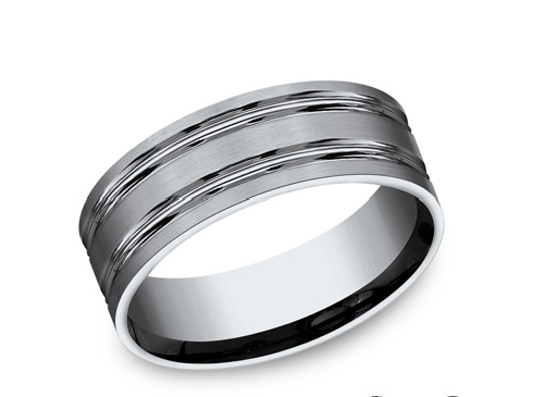8mm Comfort Fit Wedding Band with Double High Polished Center Grooves and Flat Edge, Satin Finish