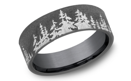 Load image into Gallery viewer, Benchmark 8mm Darkened Tantalum Comfort Fit Wedding Band with Treeline Pattern
