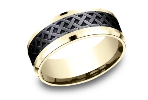 Load image into Gallery viewer, Benchmark 8mm 14k Yellow Gold and Black Titanium Comfort Fit Wedding Band with Celtic Knot Pattern
