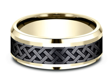 Load image into Gallery viewer, Benchmark 8mm 14k Yellow Gold and Black Titanium Comfort Fit Wedding Band with Celtic Knot Pattern
