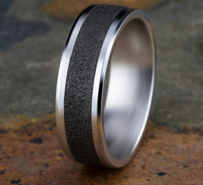 Benchmark 7mm 14k Gold and Tantalum Comfort Fit Wedding Band with Concrete Textured Center, Polished Bevel Edges