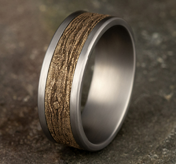 Benchmark 8mm Tantalum and 14k Yellow Gold Comfort Fit Wedding Band with Wood Motif Center