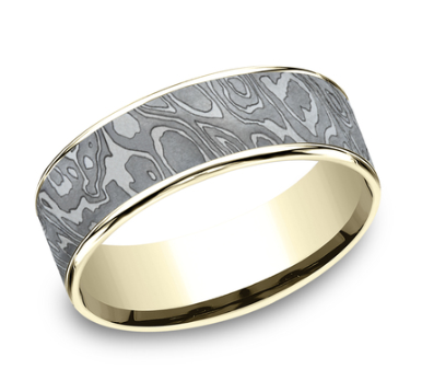 THE WILD - 7.5mm Comfort Fit Gold and Tantalum Wedding Band with Unique Tamascus Design