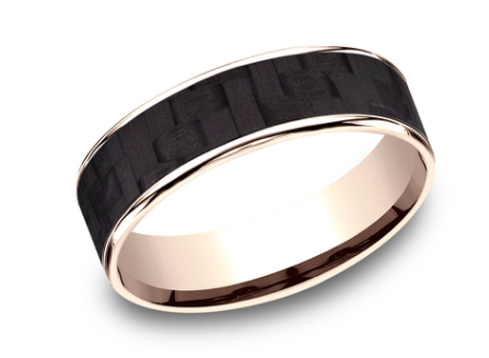 Load image into Gallery viewer, Benchmark 6.5mm 14k Rose Gold and Black Twilled Carbon Fiber Comfort Fit Wedding Band

