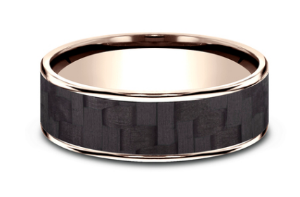 Benchmark 6.5mm 14k Rose Gold and Black Twilled Carbon Fiber Comfort Fit Wedding Band