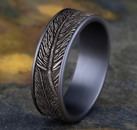 Load image into Gallery viewer, Benchmark 7.5mm 14k Gold and Tantalum Comfort Fit Wedding Band with Feather Pattern
