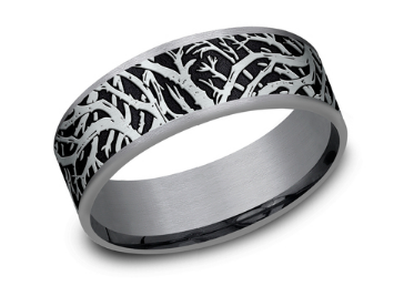 Benchmark 7.5mm 14k Gold and Tantalum Comfort Fit Wedding Band with Forest Branch Pattern