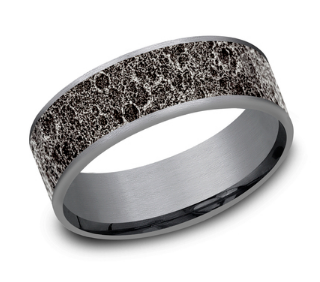 Benchmark 7.5mm 14k White Gold and Grey Tantalum Comfort Fit Wedding Band with Moon Rock Pattern