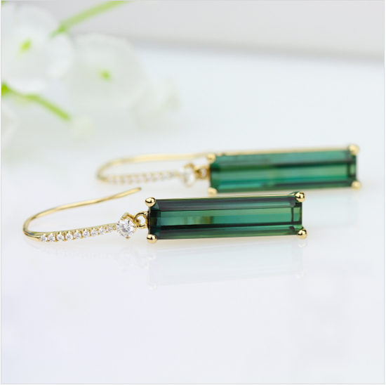 Load image into Gallery viewer, 14KY Green Tourmaline and Diamond Drop Earrings
