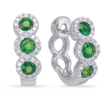 Load image into Gallery viewer, S. KASHI 14k White Gold Triple Emerald with Diamond Halo Huggie Earrings
