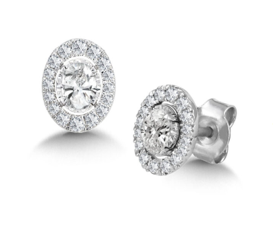 Load image into Gallery viewer, 1/2 ct. 14K White Gold Oval Center with Halo Diamond Stud Earrings

