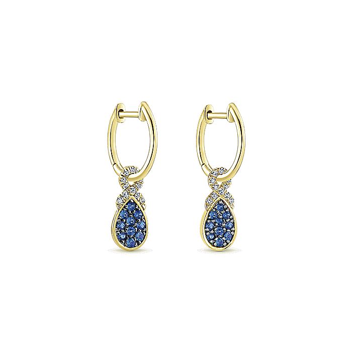 Load image into Gallery viewer, Gabriel 14KY Gold 10mm Diamond and Pear Shaped Sapphire Cluster Huggie Drop Earrings
