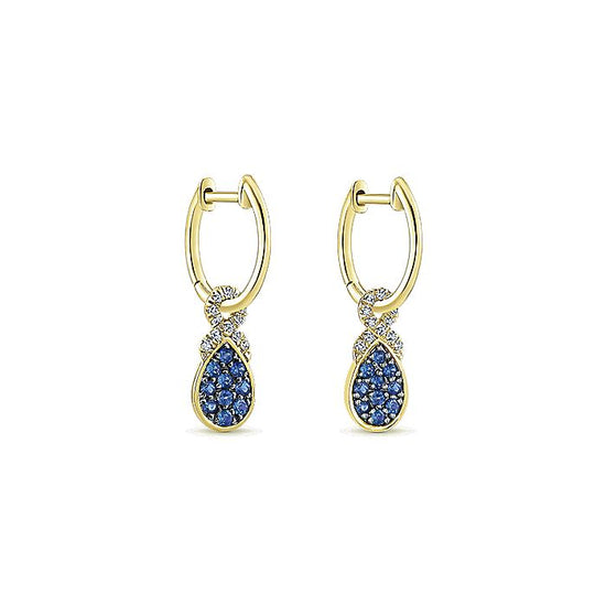 Load image into Gallery viewer, Gabriel 14KY Gold 10mm Diamond and Pear Shaped Sapphire Cluster Huggie Drop Earrings
