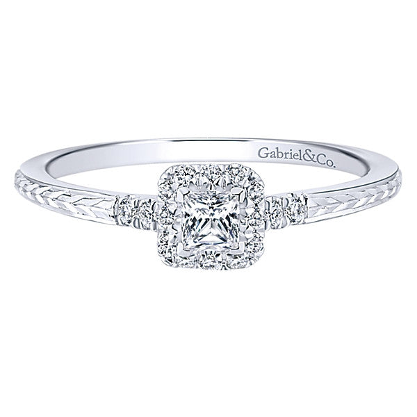 Gabriel & Co Vintage 14k White Gold Princess Cut Diamond with Halo Engagement Ring