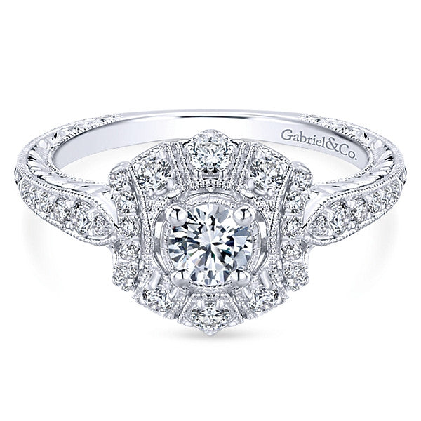Gabriel & Co Adore 14K White Gold Vintage Diamond Engagement Ring with Miligrain