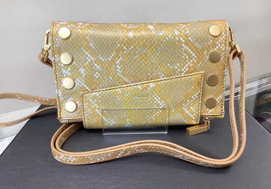LEVY Crossbody Clutch Handbag in Toast Tan Snake/ Gold