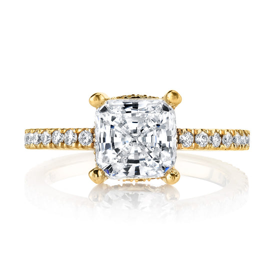 14k Yellow Gold Cushion Center Semi-Mount Engagement Ring with Diamond Basket