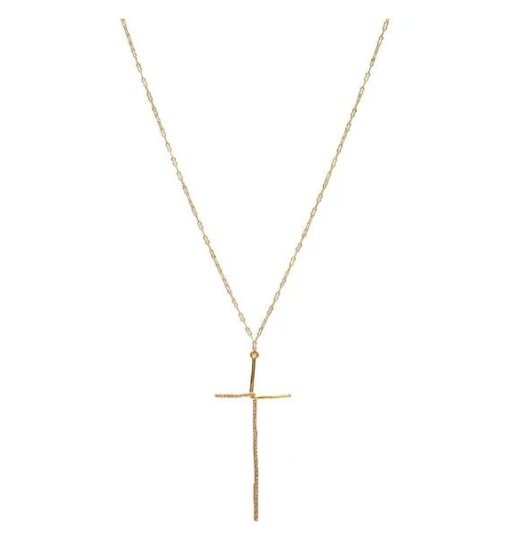 REBEL DESIGNS 18k Gold Finish Elongated Crystal Pave Cross Necklace